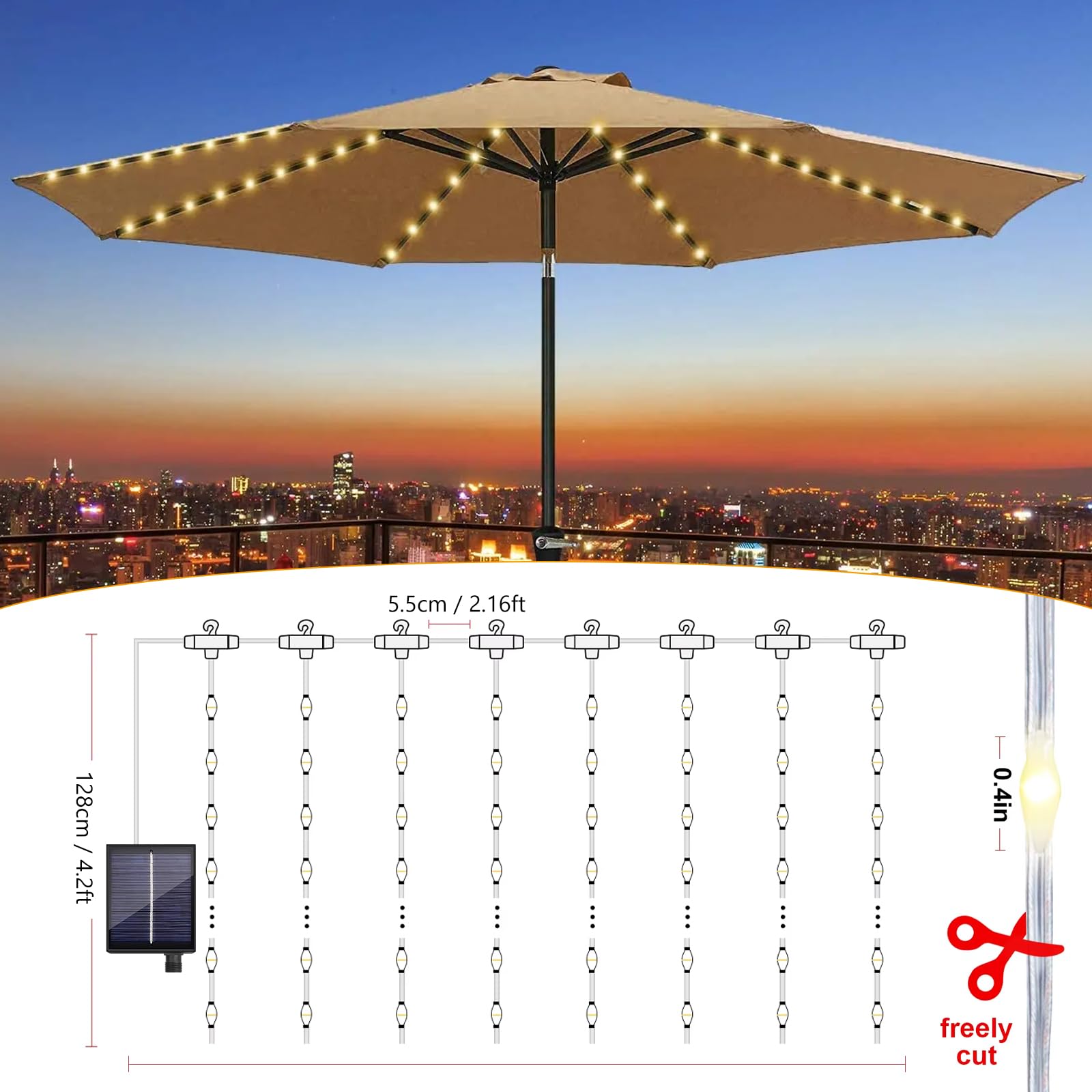 Guirlande lumineuse solaire pour parasol - 104 LED - Éclairage solaire avec télécommande - 8 modes - Guirlande lumineuse pour parapluie - Étanche - Pour tente de camping - Décoration de