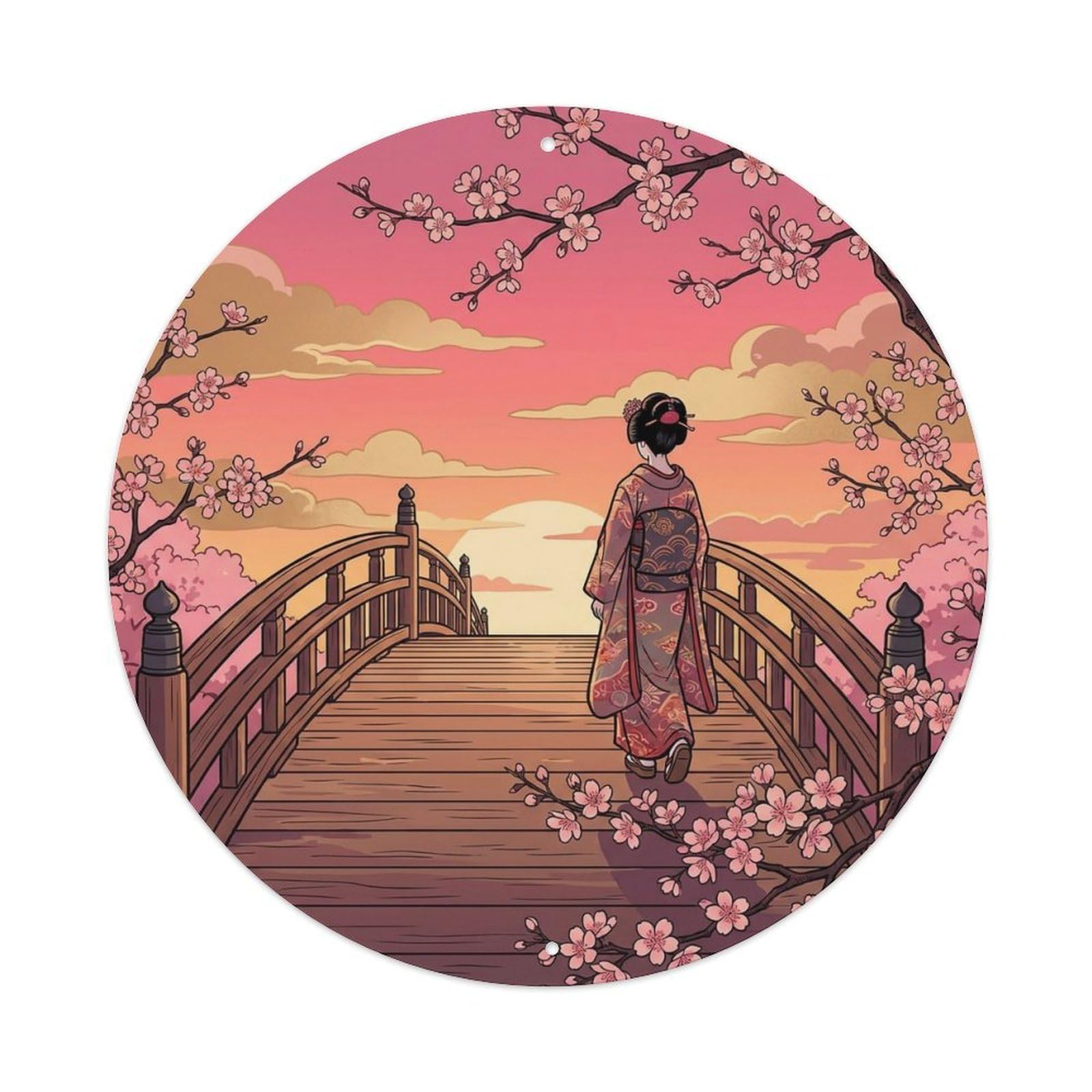 Japanese Geisha Sunset Cherry Bridge Pink Sky Metal Tin Sign