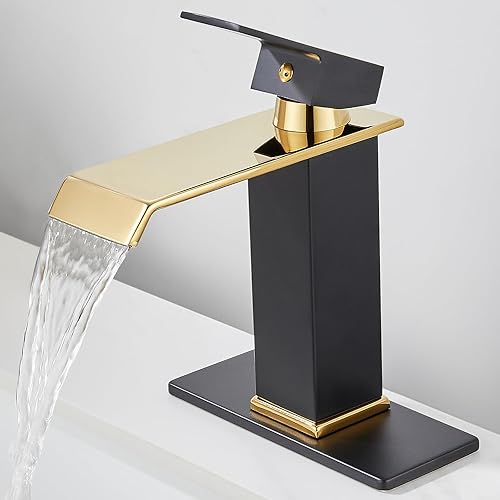 Borlon Grifos de baño en cascada para 1 agujero o 3, grifo de lavabo de baño negro y dorado brillante con drenaje desplegable de metal, moderno