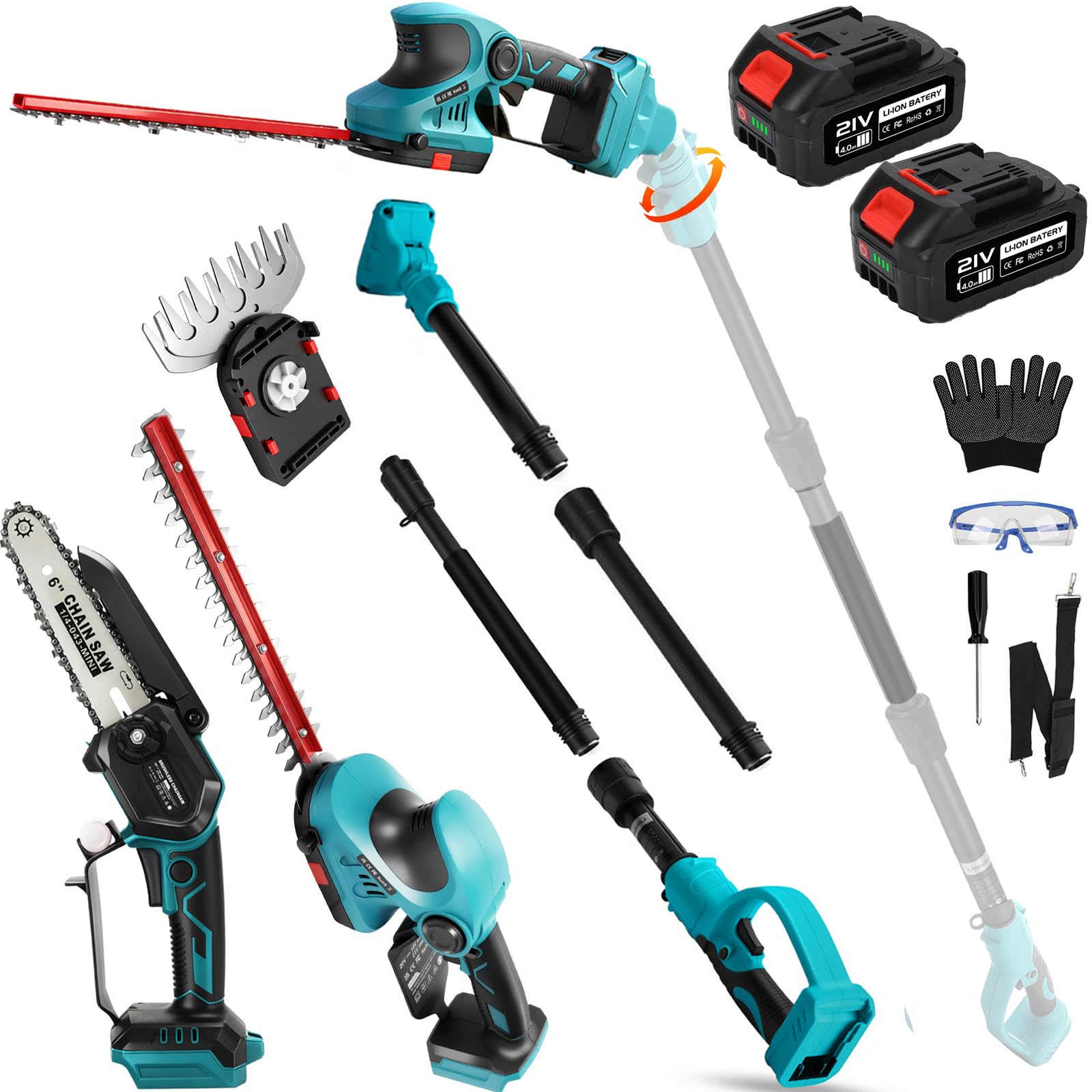 6 Zoll Mini motosierra y Cortasetos telescópicos a Batería con palo de 21 V, 4000 mAh, 5 en 1 podadora sobre palo con batería motosierra eléctrica telescópica Cortasetos Eléctrico de Altura