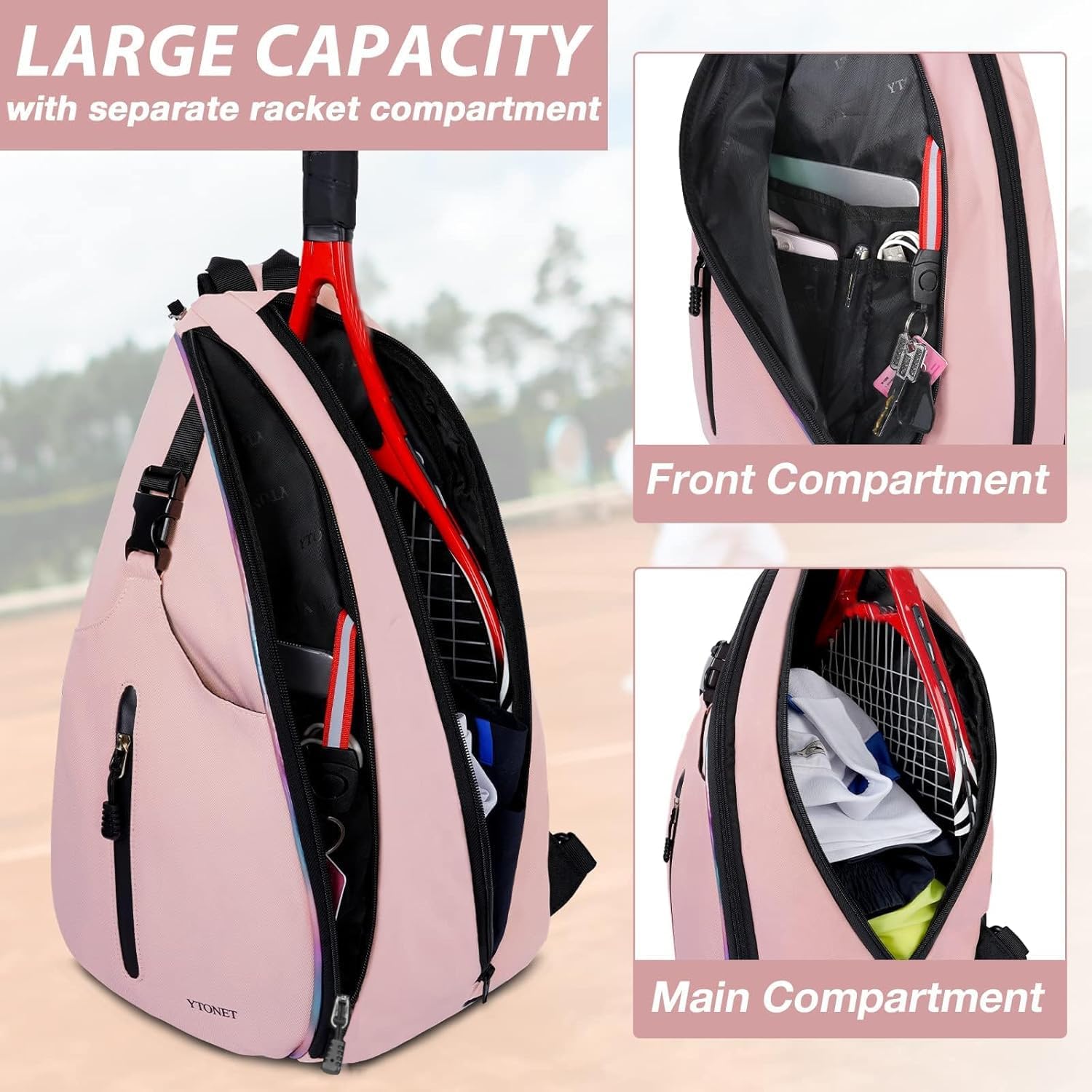 Ytonet Tennis Bag, Tennis Sling Backpack Crossbody Water Resistant for Men Women, Compatible for Pickleball Badminton Rackets