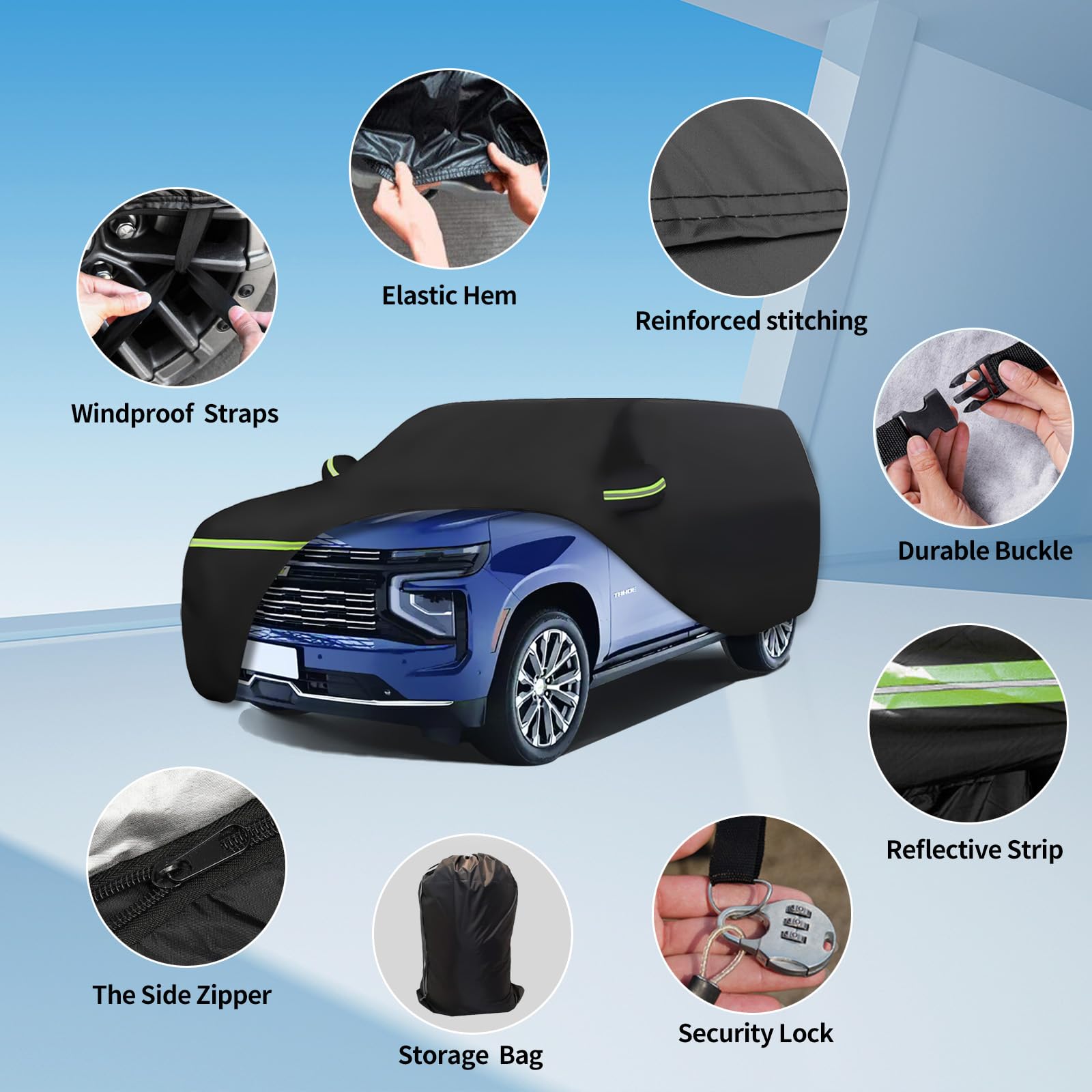 Waterproof Car Covers Fit for 2007-2023 Chevrolet Tahoe Cadillac Escalade GMC Yukon Black 210T Custom Heavy Duty Waterproof — view 2