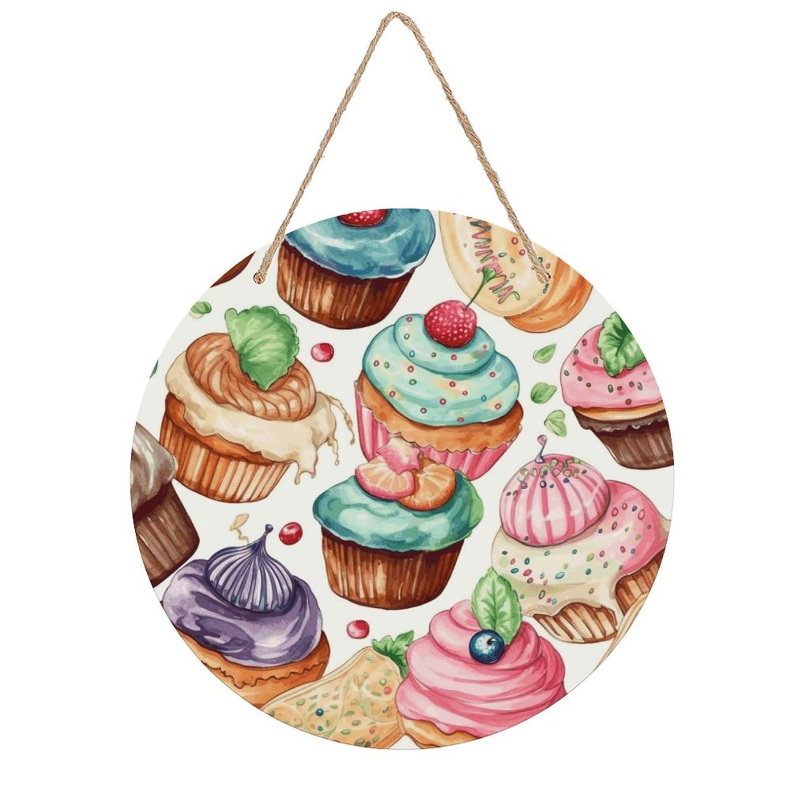 VstaDank Cupcakes Donuts Muffins Sugar Wall Art Decor with Ropes Wooden Hanging Sign Hanging Wall Decor Artwork Round Wood Painting Modern Wall Prints Decor Picture for Office Bar Home Decors