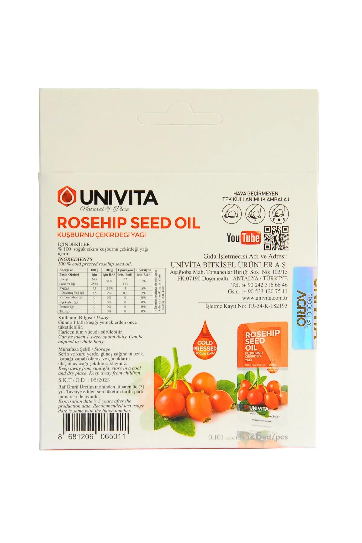 UNIVITA %100 Doğal Soğuk Sıkım Kuşburnu Çekirdeği Yağı - Rosehip Seed Oil 3 ml X 6 Adet