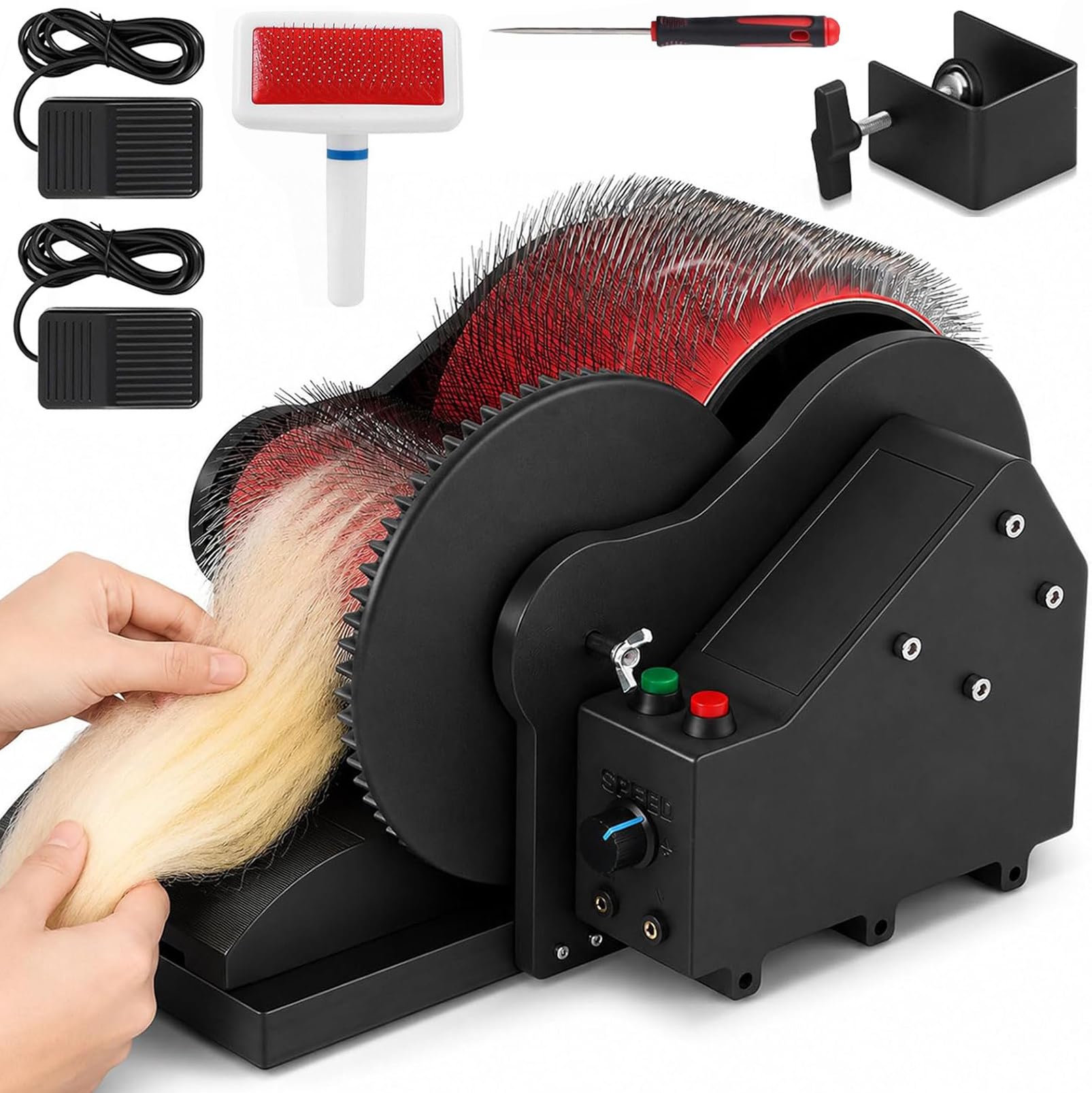 DmqChry Electric Wool Carding Machine, 0-56 RPM Wool Drum Carder Fiber Carder Machine, Remove Fiber Impurities, Adjustable Forward and Reverse Speed, with Desktop Clip, for Combing Blending