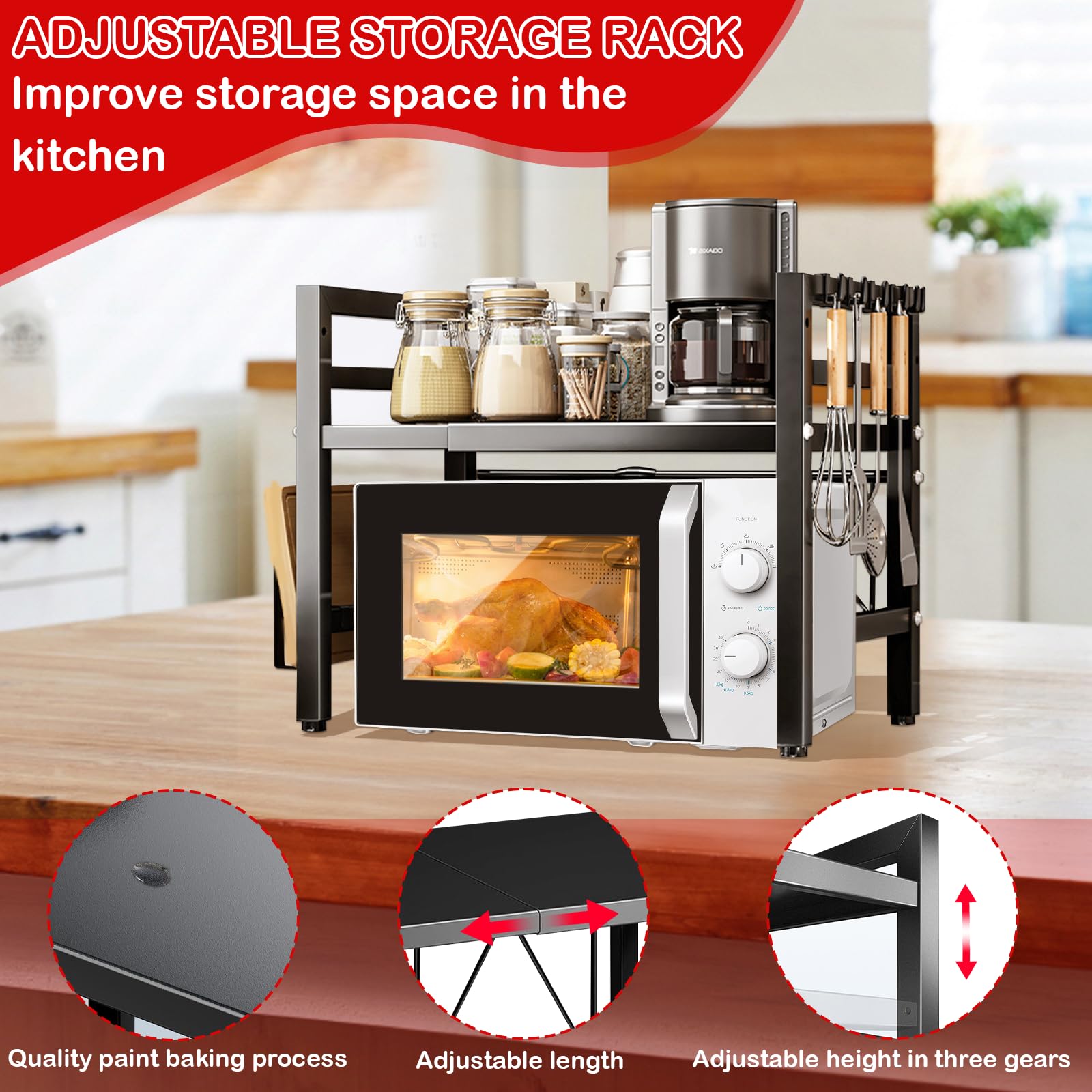 UCAMP Soporte Ajustable para Microondas,Soporte Extensible para Microondas de 2 Niveles,Estante Expandible para Microondas,Soporte para Microondas y Horno Cocina con 6 Ganchos