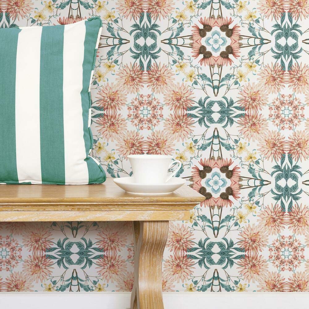 RoomMates RMK11460RL Yellow Cottage Garden Kaleidoscope Peel and Stick Wallpaper, Orange/Green