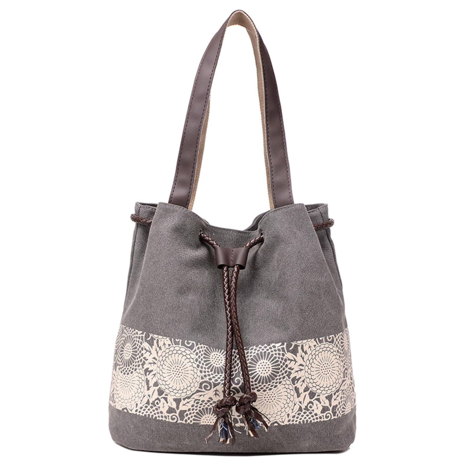 Handtasche Damen Frauen Leinwand Drawstring Eimer Schultertasche Floral Druck Für Reise Arbeit Tägliche Ausflüge-Grey