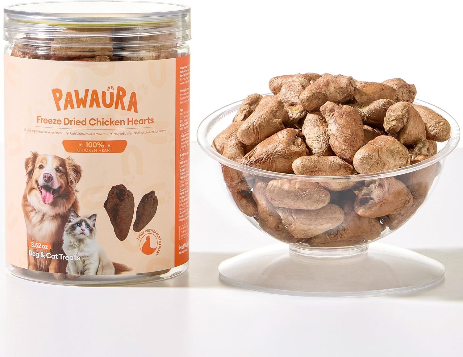 PAWAURA Freeze-Dried Chicken Heart Treats for Dogs & Cats, 100g(516g Raw equivalent) | Single Ingredient | High Protein | Grain-Free, Natural Training & Reward Snacks