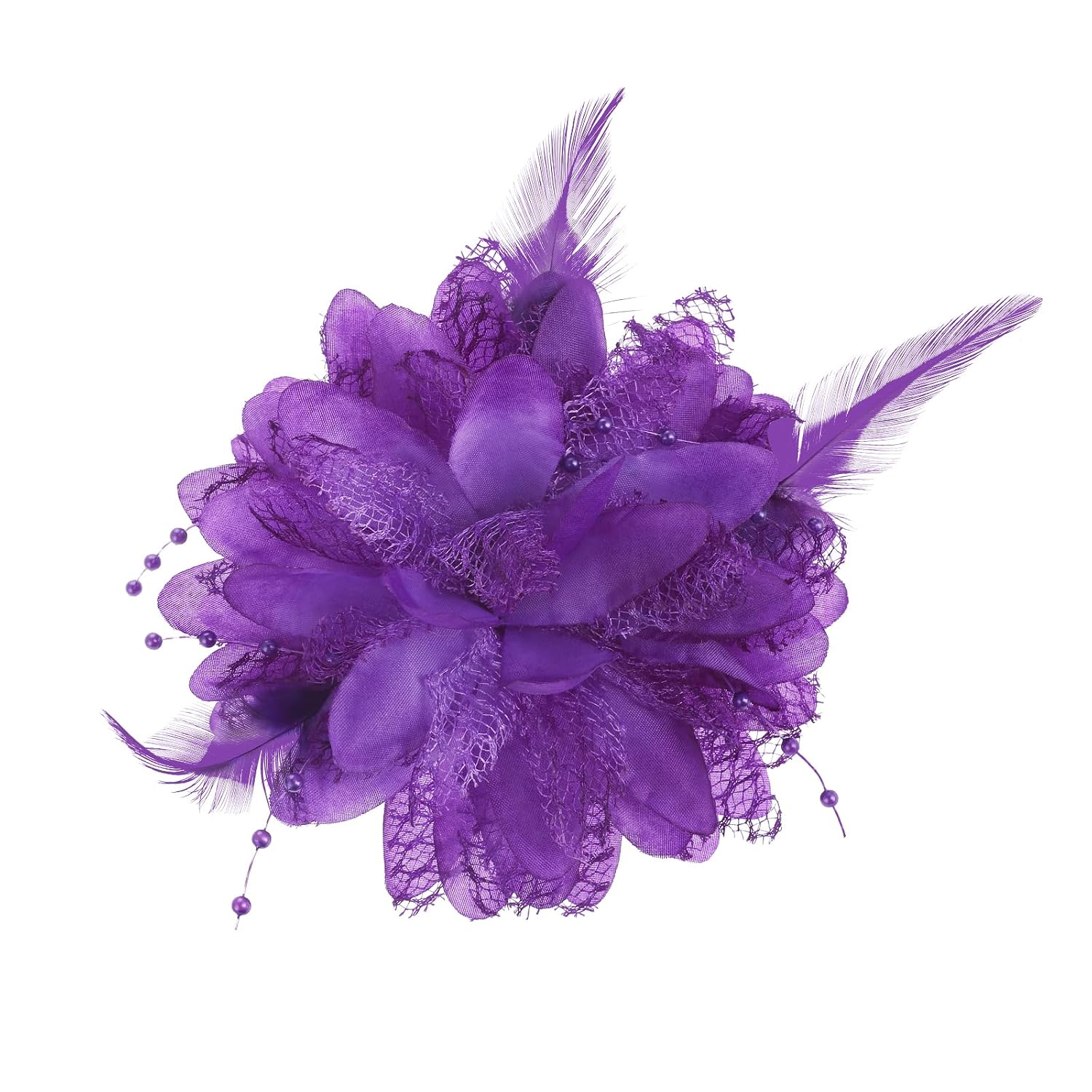 Purple Feather Hair Clip - Ladies Artificial Flower Brooch Hairpin Barrette for Girl Headwear Dress Up - Halloween, Christmas, Valentine, Wedding, Prom