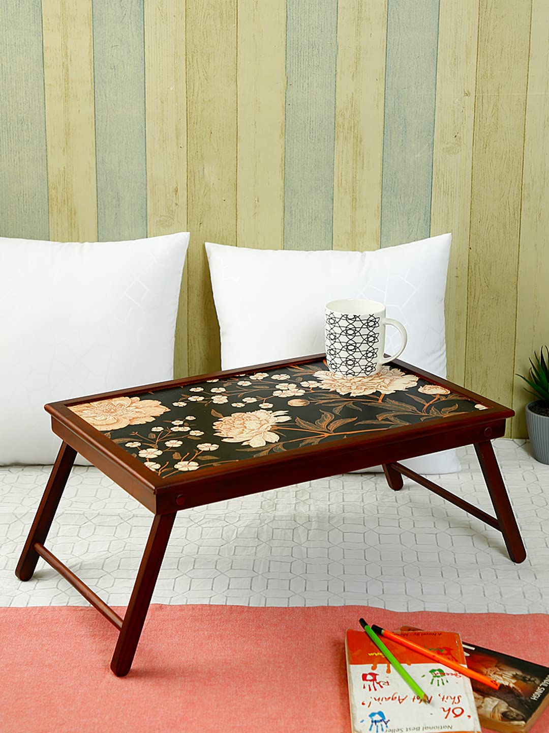 Reinvention Factory Teak Wood Rectangular Shaped Multipurpose Bed Tray / Breakfast Table / Laptop Bed Table with Foldable Legs in Black Flower Design (B09X734PZQ) Amazon Price History, Amazon Price Tracker