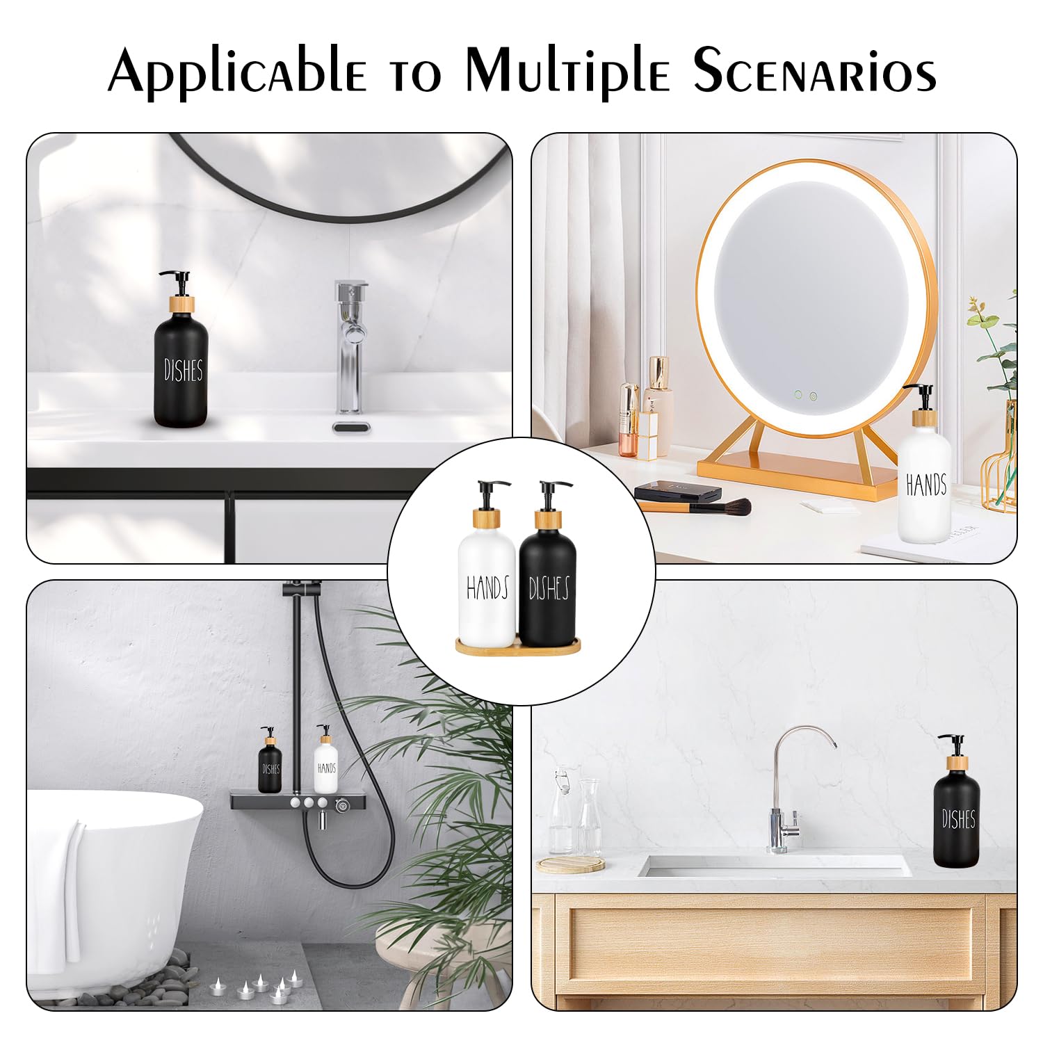 Arktek Set di dispenser di sapone in vetro con vassoio, confezione da 2 dispenser per bottiglie per bagno e cucina, set di dispenser di sapone per piatti, sapone per le mani, lozione da 500 ml (bianco