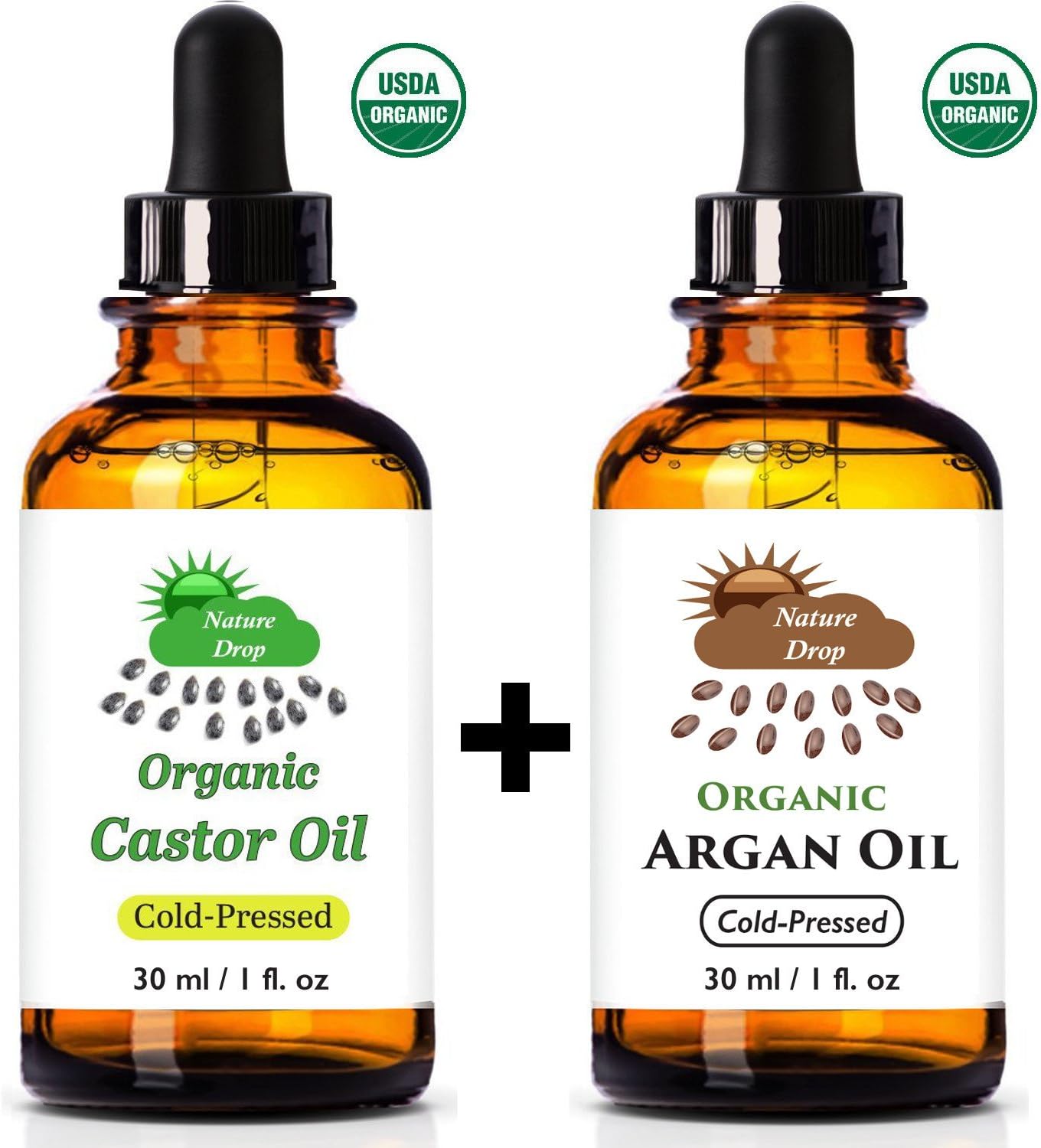 Nature Drop's USDA Castor Oil,Organic & Argan Oil Set - 100% USDA Certified Pure Cold Pressed Hexane free - 100% Pure Moroccan Anti Aging, Anti Wrinkle Beauty Secret.