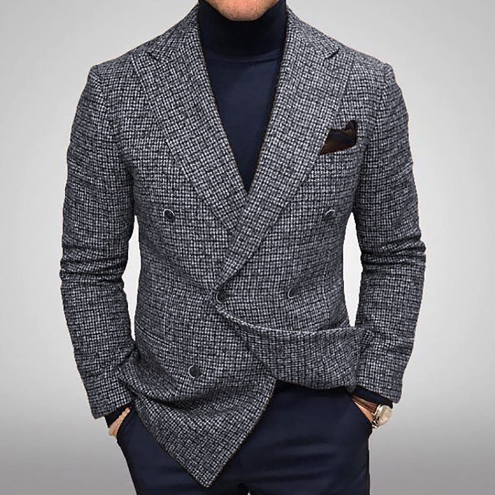 AEGJEGVD Blazer Homme Slim Fit Formal Blazer avec 2 Boutons Veste Blazer Gris à Carreaux Coupe Droite Veste de Costume Vintage élégante à Double Boutonnage Veste Blazer pour Les Loisirs Blazers