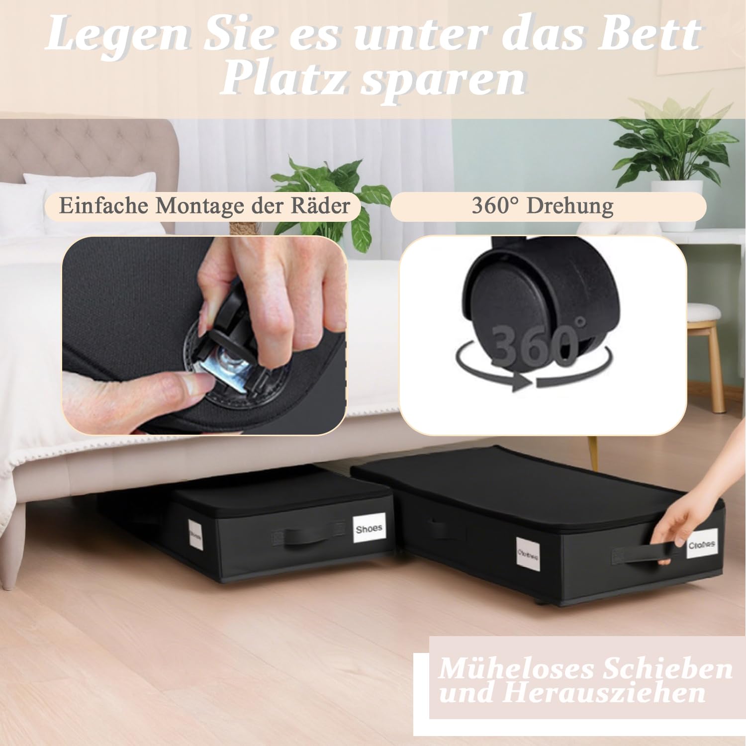2 contenitori sotto il letto, 50 l, pieghevole, con coperchio, con rotelle, rotazione a 360°, contenitore per vestiti, giocattoli, scarpe (nero)