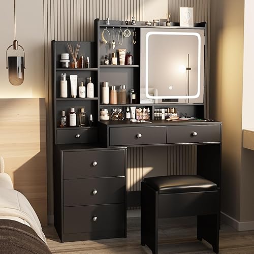 Miniatura 8 de Vabches Escritorio con espejo de maquillaje con taburete, juego de tocador de maquillaje con 6 cajones y estantes, tocador con tira de alimentación,