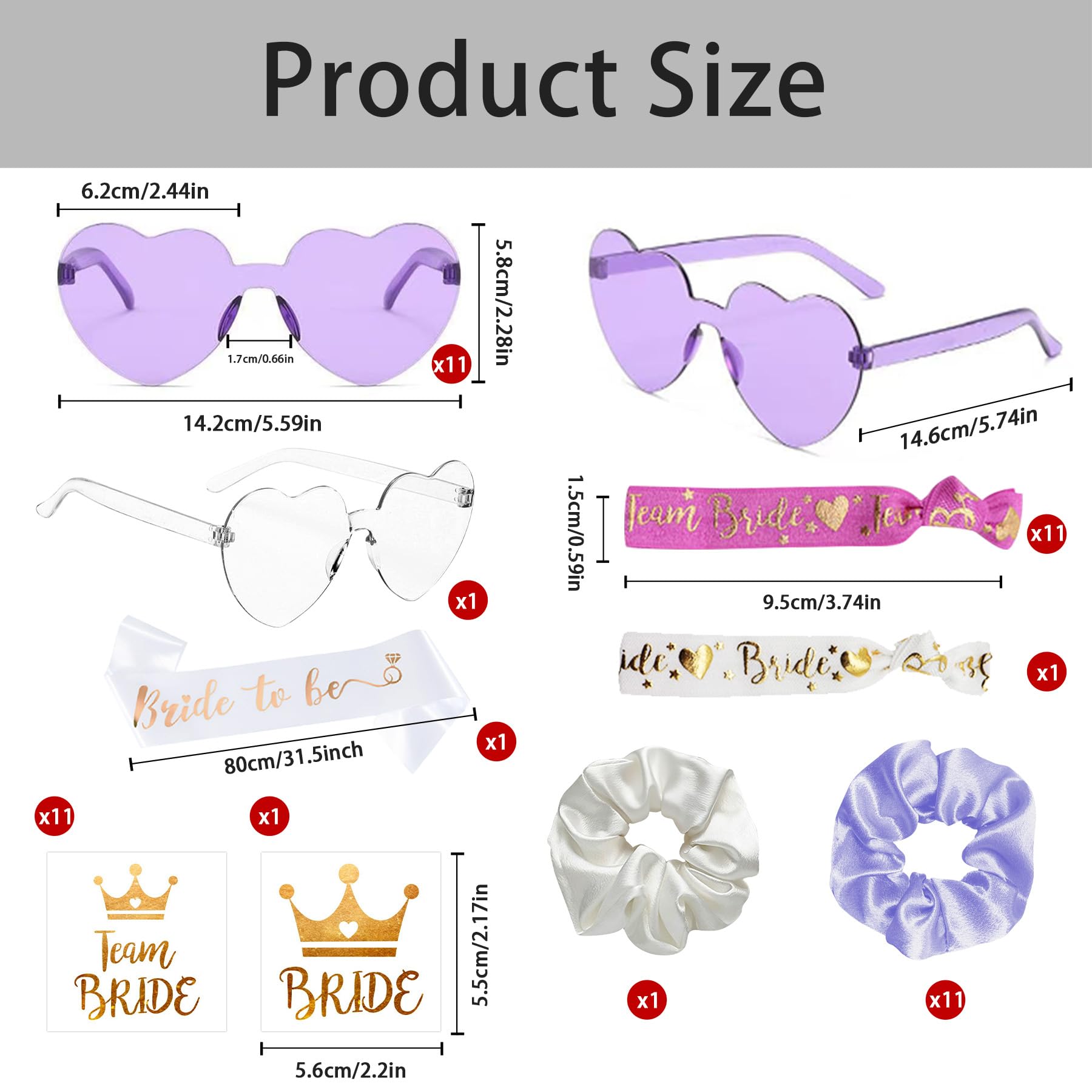 YeahBoom 49 Piezas Gafas Despedida de Soltera Bride Team Pulseras Pegatinas Set,12 Gafas de sol en forma de corazón,JGA Gafas de fiesta,12 Pulseras Bride Team,12 Pegatinas,Decoraciones de Boda