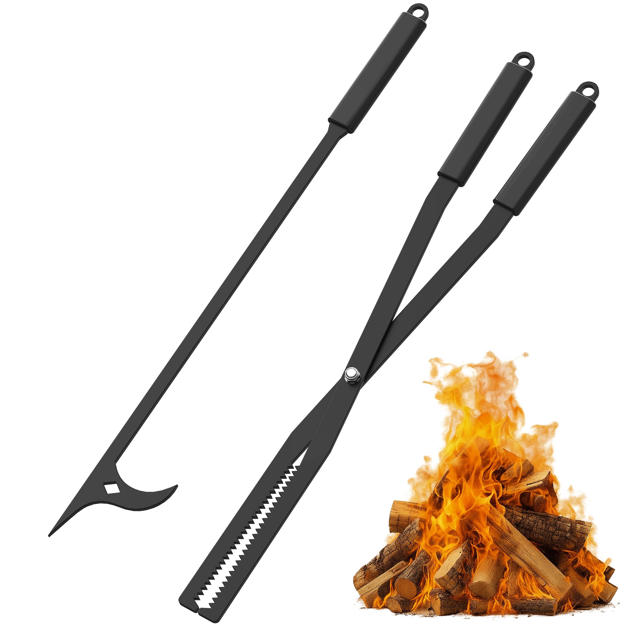 garvin heavy duty fire tongs & poker set, 27.7" long-handle carbon steel log grabber with serrated grip, fire tools sets for fire pit & fireplace, wood stoves, campfires, bonfires & bbq grills