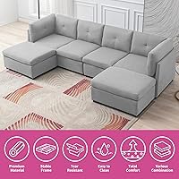 Vista 2 de Sofá modular seccional, sofá convertible en forma de U con otomanas extraíbles, diseño capitoné, sofá modular de 6 asientos para sala de estar, gris