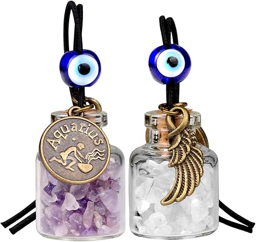Miniatura 15 de Zodiac Birthstone Car Charms for Rearview Mirror Hanging - Two Gemstone Good Luck Bottles with Evil Eye Protection Bead and Guardian Angel Wing