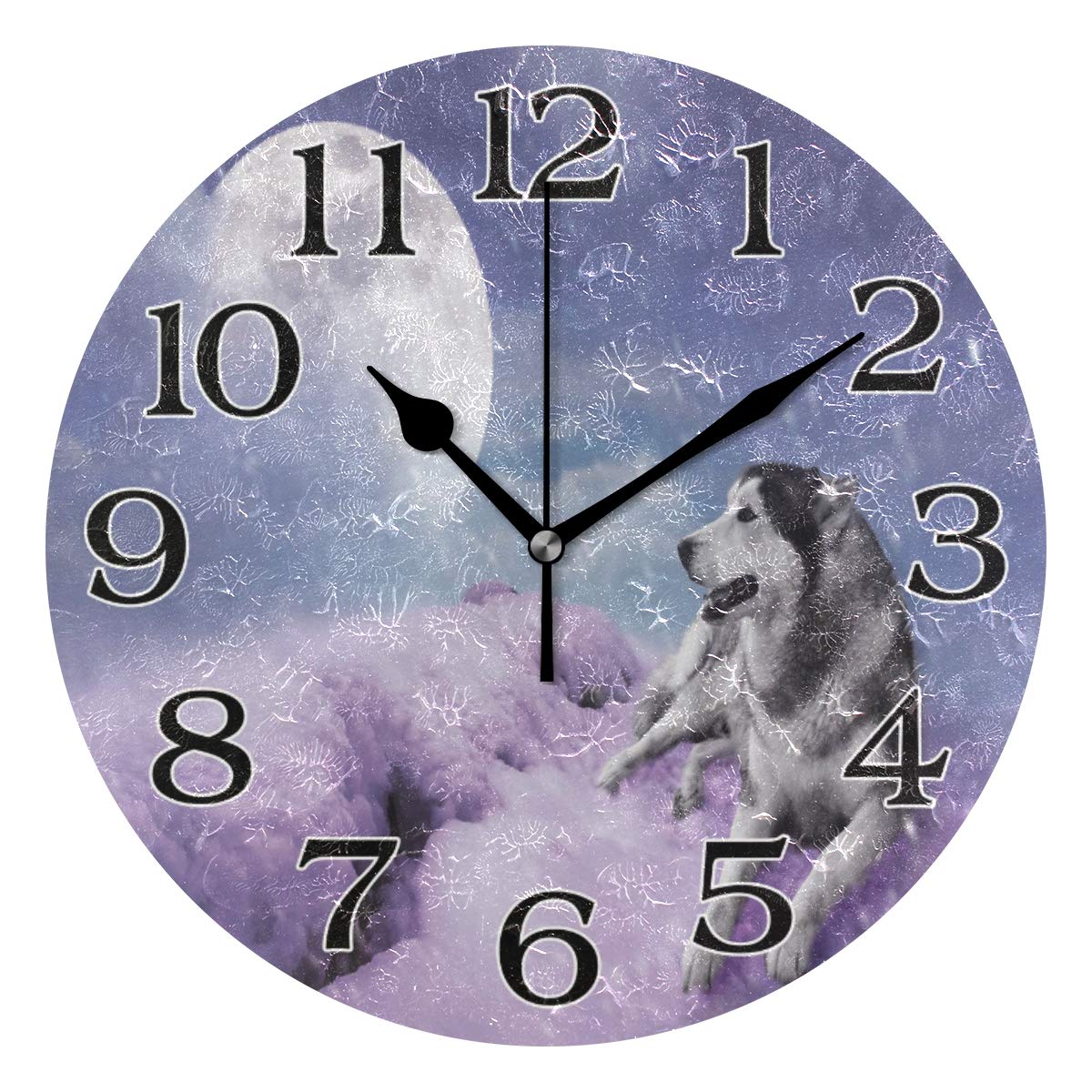 Linomo Multicolor Animal Wolf Moon Wall Clock Decor, Silent Non Ticking Round Clock Quiet For Kitchen Living Room Bedroom Bathroom Office