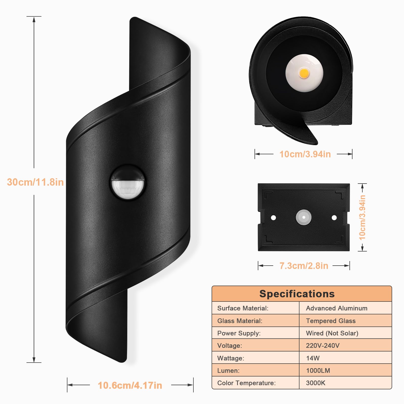 YindaLux LED Luce da Esterno con Sensore di Movimento 2 Pezzi, 14W Lampada da Parete per Interni Nera, IP65 Applique da Parete 3000K Bianco Caldo, Illuminazione da Esterno in Alluminio per Balcone