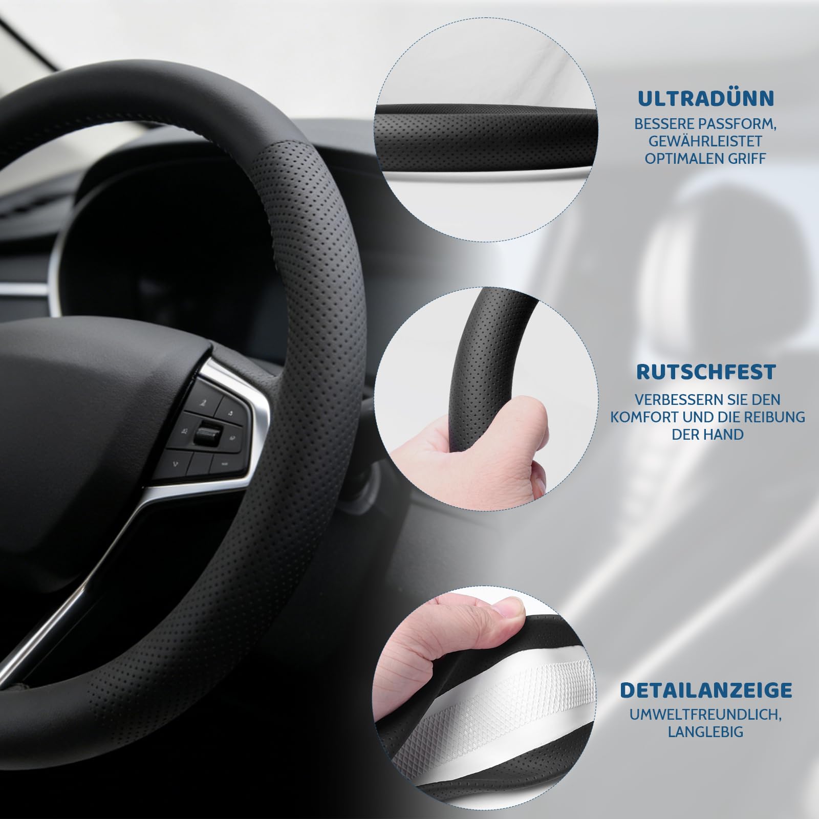 Auto Lenkradbezug 37-38 cm Universal Lenkradbezug Leder Steering Wheel Cover Kunstleder rutschfest Bequem für Sommer & Winter (Schwarz)