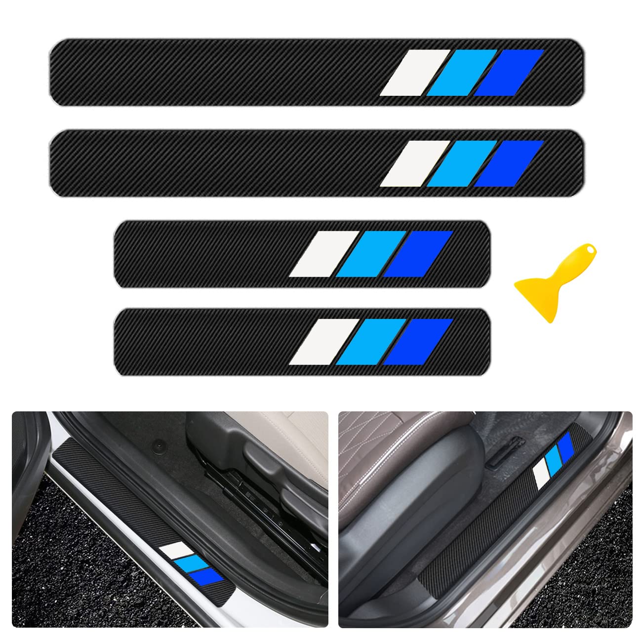 Xnqdre 4 Pack Tri-Color 3 Color Carbon Fiber Door Sill Protector Welcome Pedal Front Rear Door Guards Step Protector Compatible for Toyota Tacoma 4Runner Tundra Rav4 Highlander TRD. (White Blue-A)