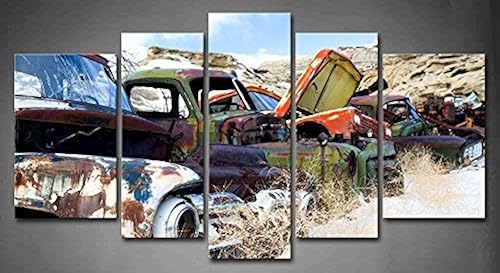 Pintura artística para pared, 5 paneles de autos clásicos y vintage antiguos en el depósito de chatarra rural en invierno, cuadros impresos en