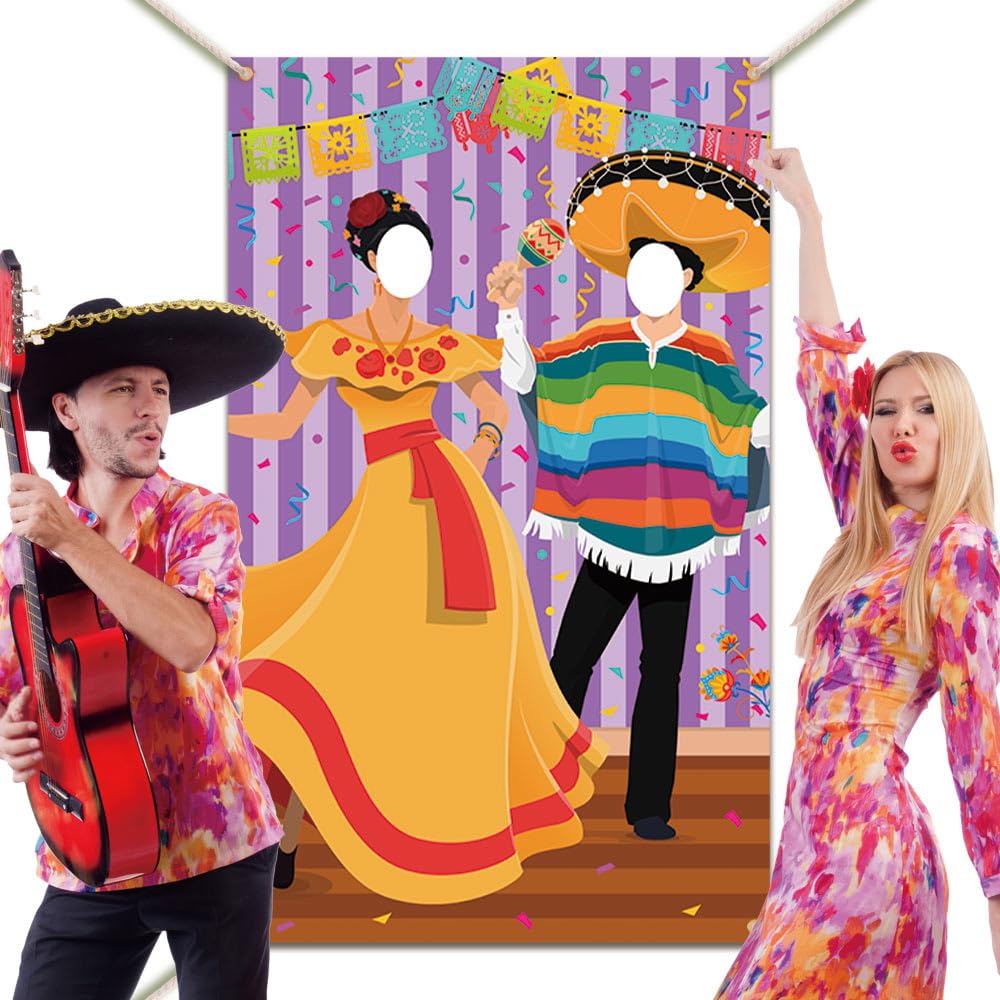 AIBIIN Mexican Couple Photo Door Banner for Party Supplies, Cinco de Mayo Fiesta Photography Backdrop, Mexican Theme Photo Booth Background for