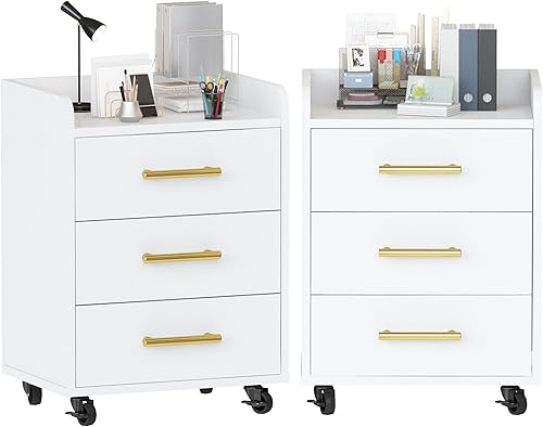 AWQM Armario de oficina con 3 cajones, archivador móvil de 15.66 pulgadas de profundidad debajo de la mesa con mango dorado, 2 ruedas con bloqueo,