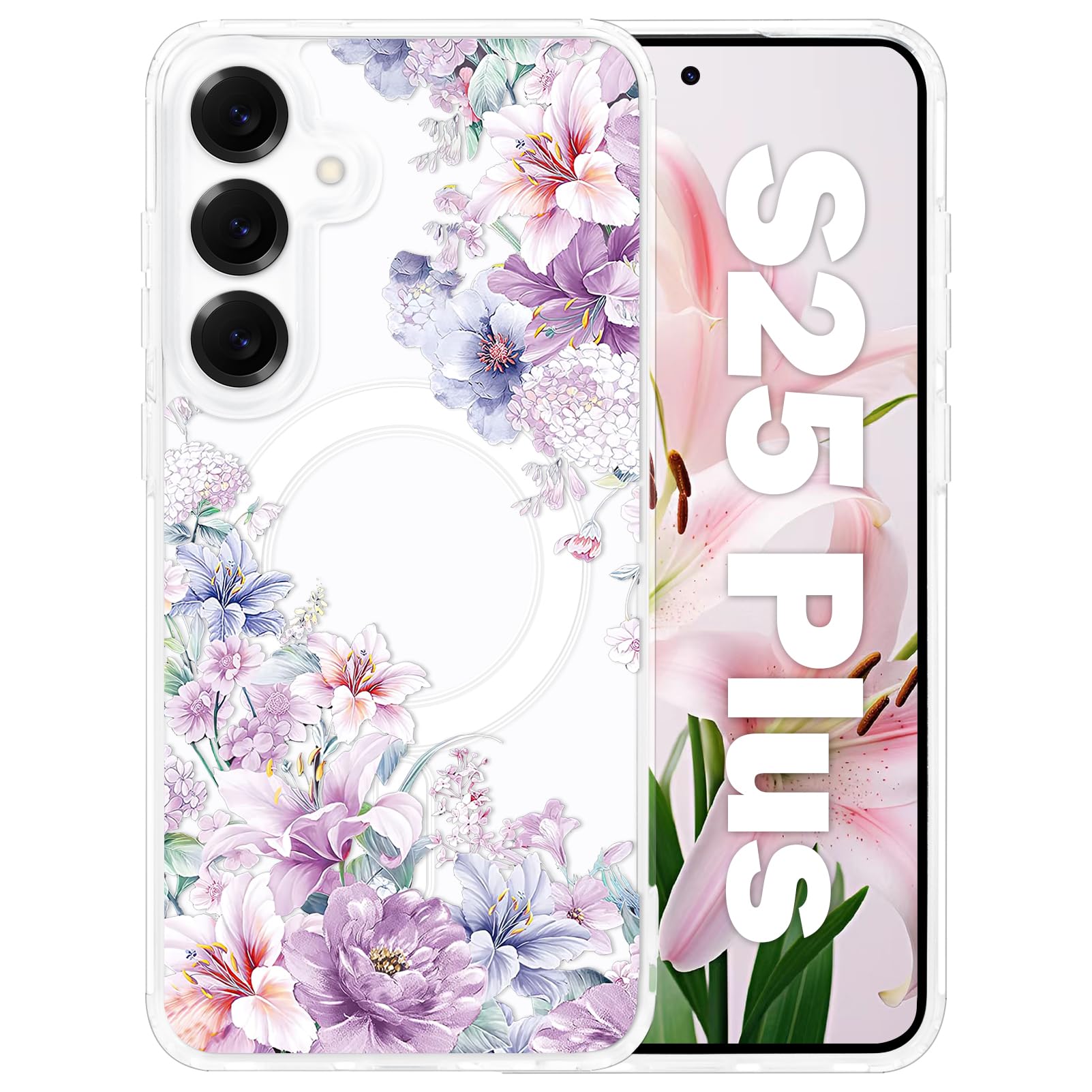 Tcaraersing for Samsung Galaxy S25 Plus Flower Case Magnetic [Compatible with MagSafe] Floral Pattern Clear Shockproof [Hard PC Back Soft TPU Edge]