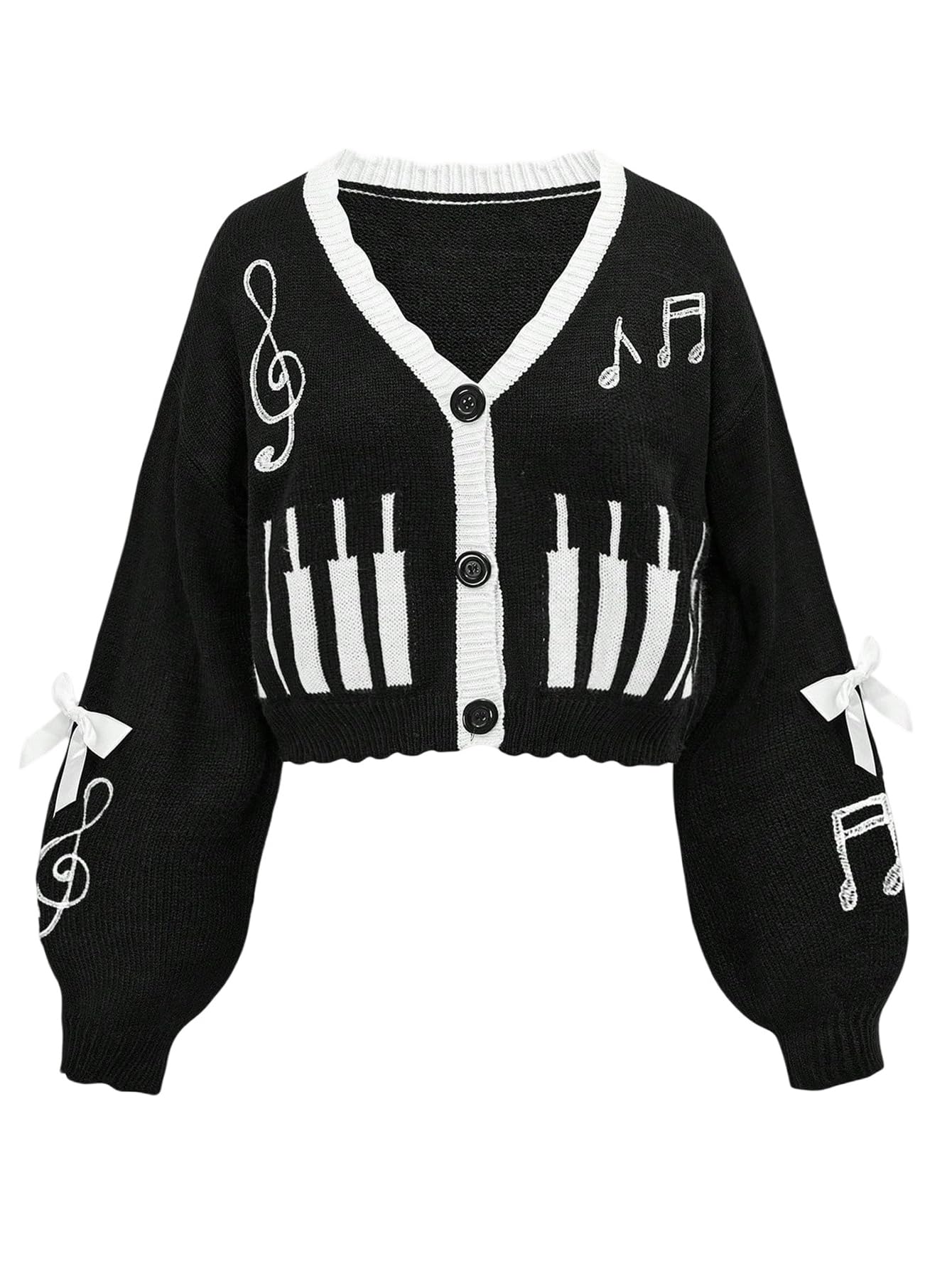 Women's Cropped Cardigan Sweater Cute Bow Graphic Button Down V Neck Long Sleeve Knit Casual Preppy Outerwear-image-12