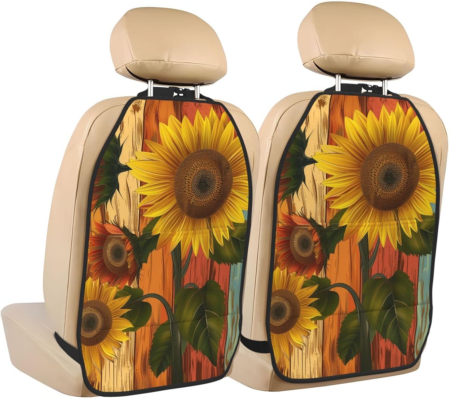 Car Seat Back Kick Protector 2 Pack 18.5x26.4 Inch, Vintage Sunflower Wood Anti-Kick Pad, Waterproof Oxford Fabric Large Rear Seat Cover for Kids Pets Fits SUV Jeep Truck Sedan