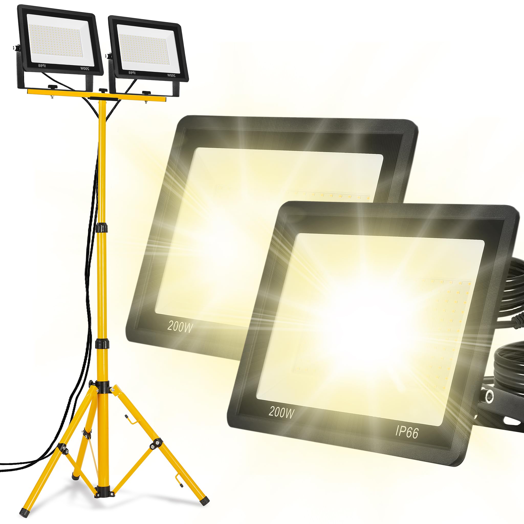 Reflektor budowlany LED, 200 W, ciepła biel, ze statywem o regulowanej wysokości, lampa robocza LED, w zestawie kabel sieciowy, wodoszczelność IP66, reflektor postojowy, reflektor roboczy na