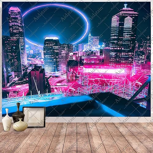 Miniatura 11 de Aidatain Tapiz Punk Cityscape Neon Nightscape de ciencia ficción de arte electrónico grande de 80 x 60 pulgadas para dormitorio y sala de estar
