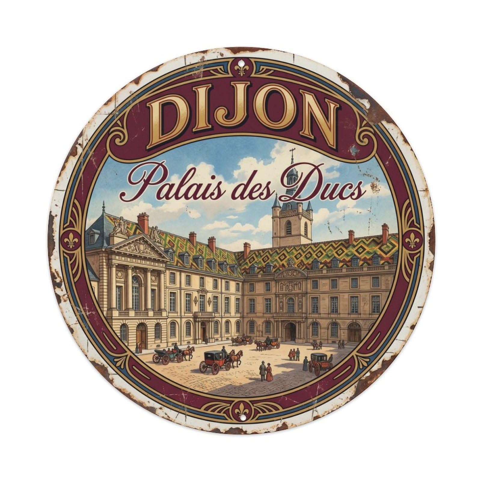 Vintage Travel Ducal Dijon Palace Metal Tin Sign Plaque Wall Decor for Cafe, Club Bar, Office, Home Garden Round Metal Poster 8x8Inch
