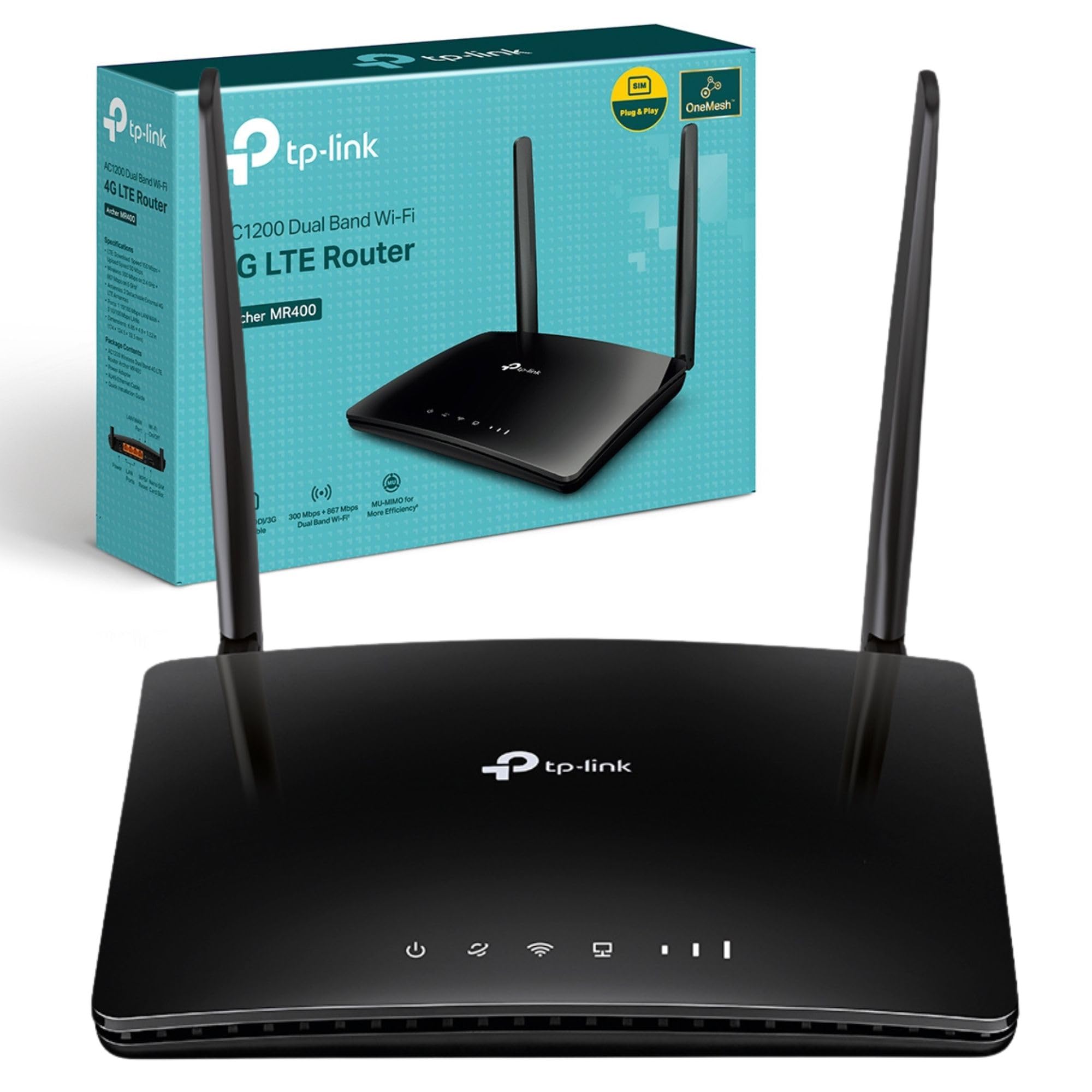 AC1200 4G+ Cat4 Wireless Dual Band Router, 4X10/100Mbp ports, 4G Network Micro SIM Slot Unlocked, Connects up to 64 Devices, Plug and Play, Guest & Parental Control, UK Plug (Archer MR400)