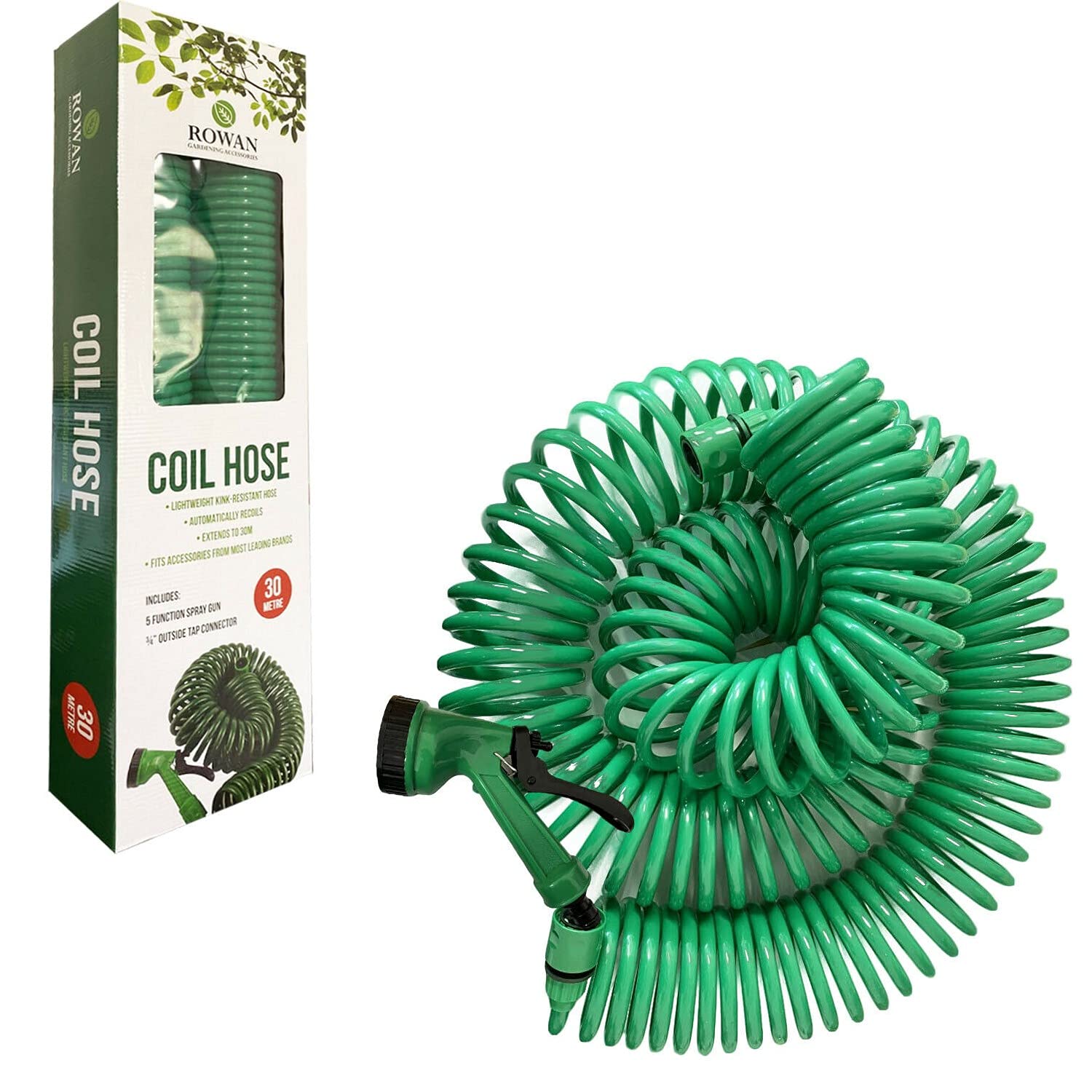30M Coil Hose Pipe | Retractable Lightweight 5 Function Spray Gun | for Washing Car , Windows, Patio & Garden Watering