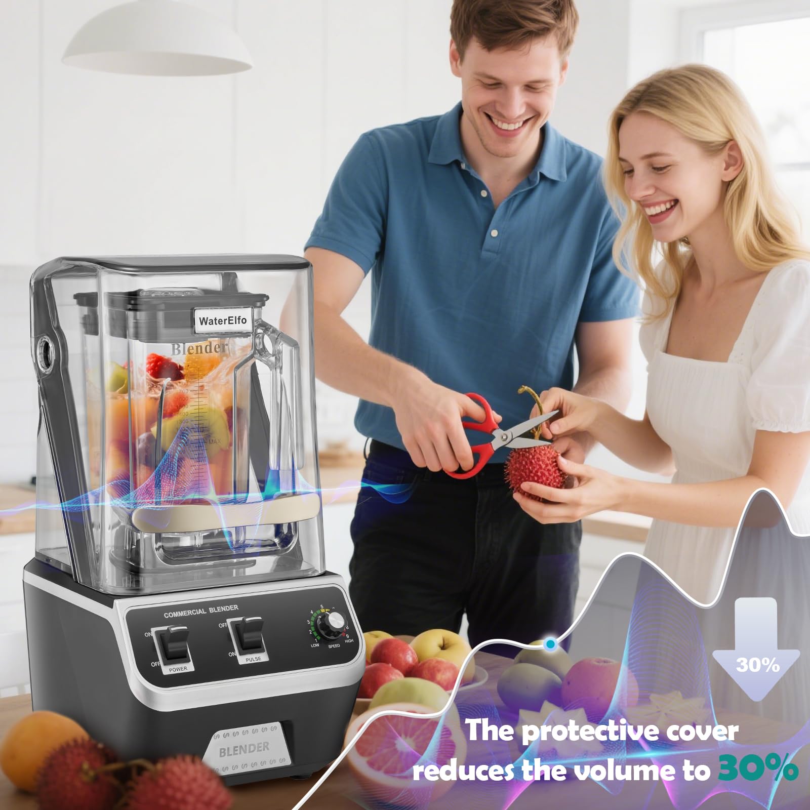 WaterElfo Profesjonalny komercyjny blender 2200 W 2,1 QT 2 l cichy blender komercyjne koktajle, mrożone napoje, samoczyszczące