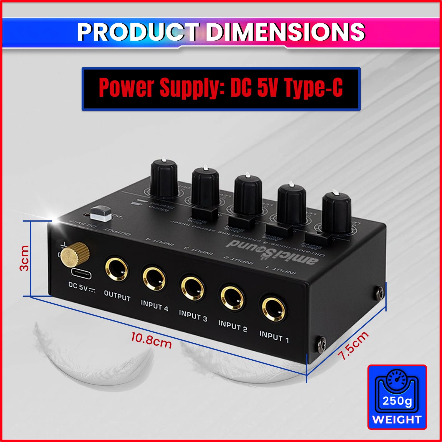 amiciSound Mini Audio Mixer – Ultra Low-Noise 4-Channel Stereo Line Mixer | 5V DC Type-C Powered | Independent Volume Control | Compact & Versatile Sub-Mixing for Guitar, Keyboard, Bass, Drum Sets - Image 7 thumbnail