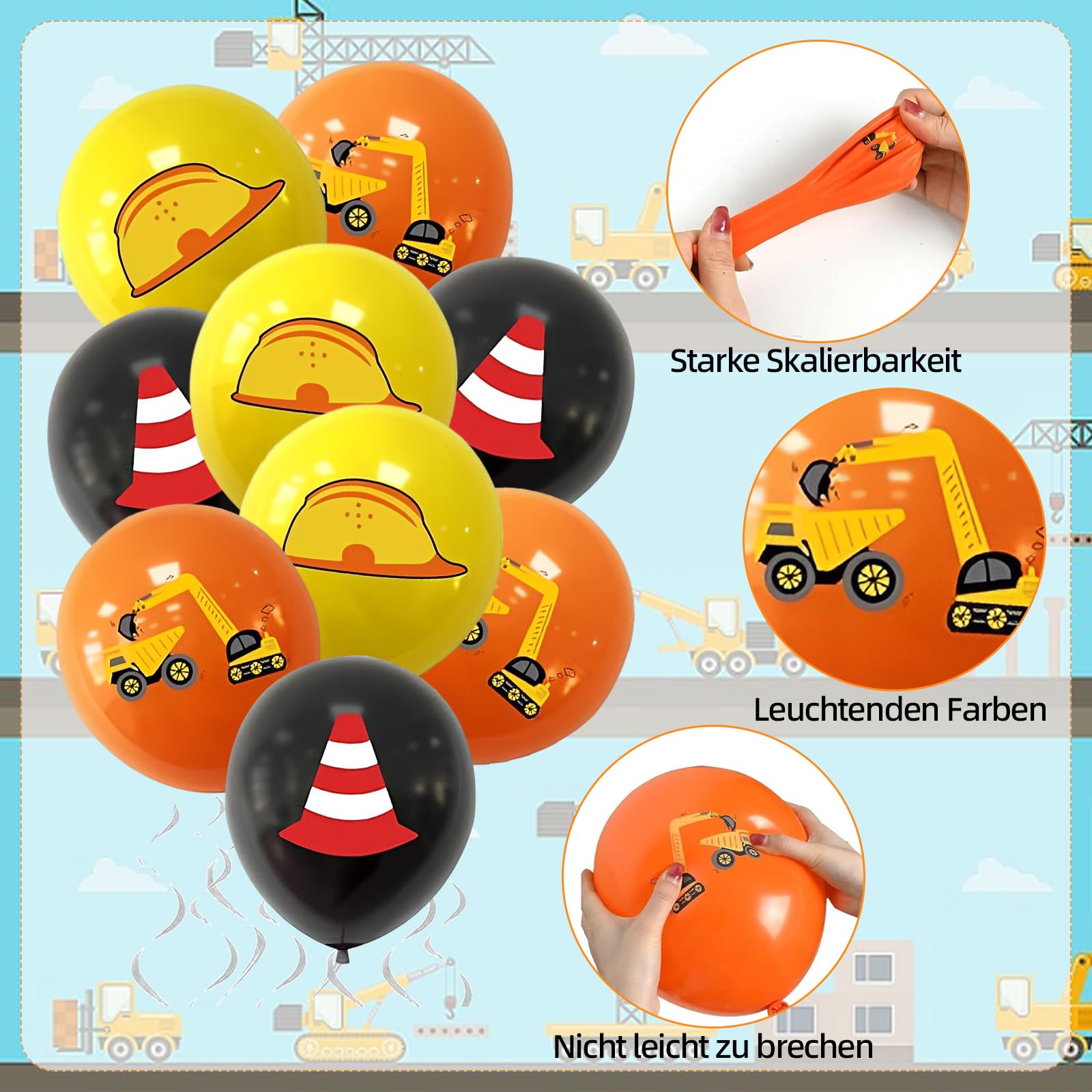 10x Bauarbeiter-Ballons 12 Zoll - Bagger & LKW-Motive, Ideal Für Kindergeburtstage