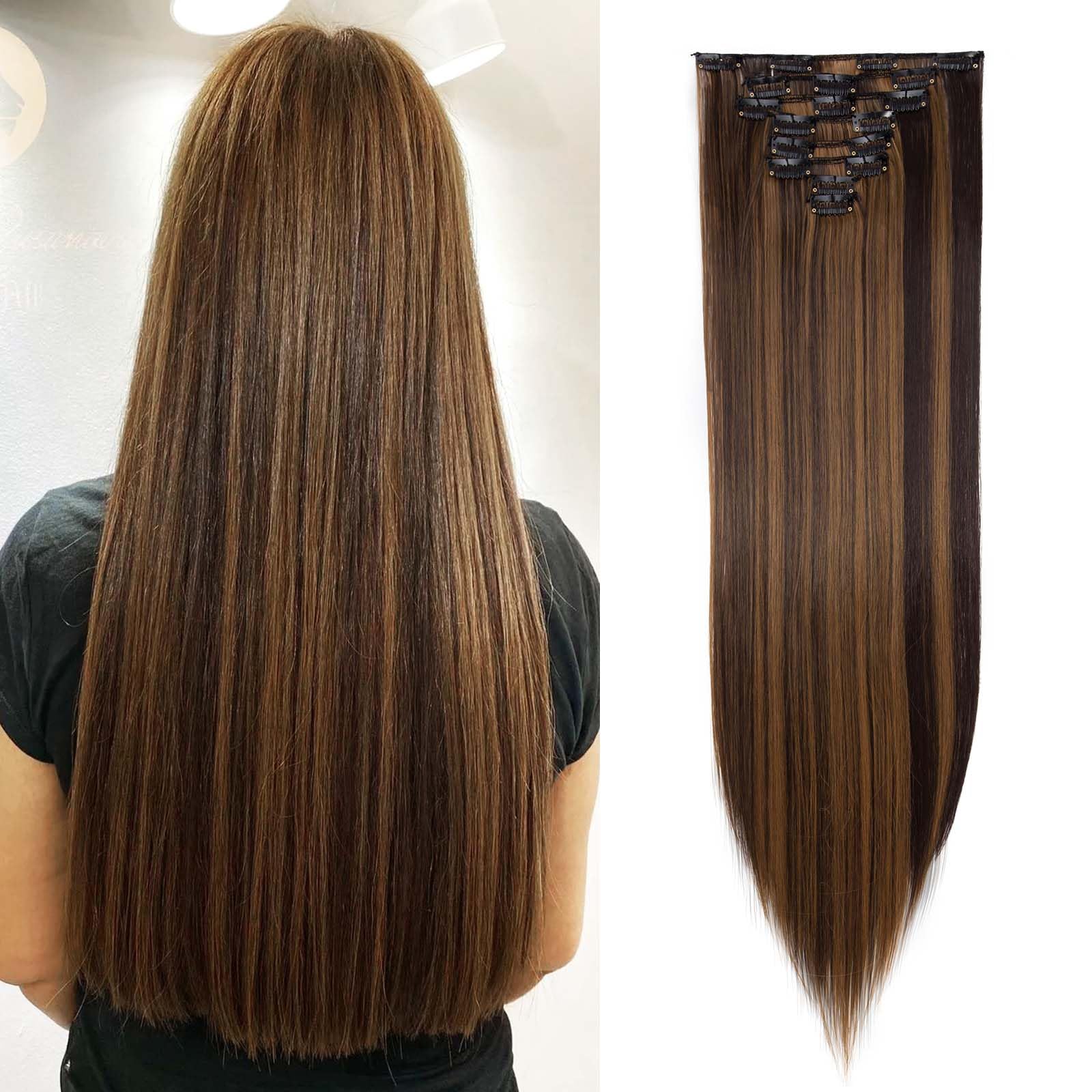 SEGOHAIR Hair Extensions Clip in 8Pcs 18 Clips Synthetic Fiber Seamless 26" Long Straight Full Head -Dark Brown mix Sandy Blonde