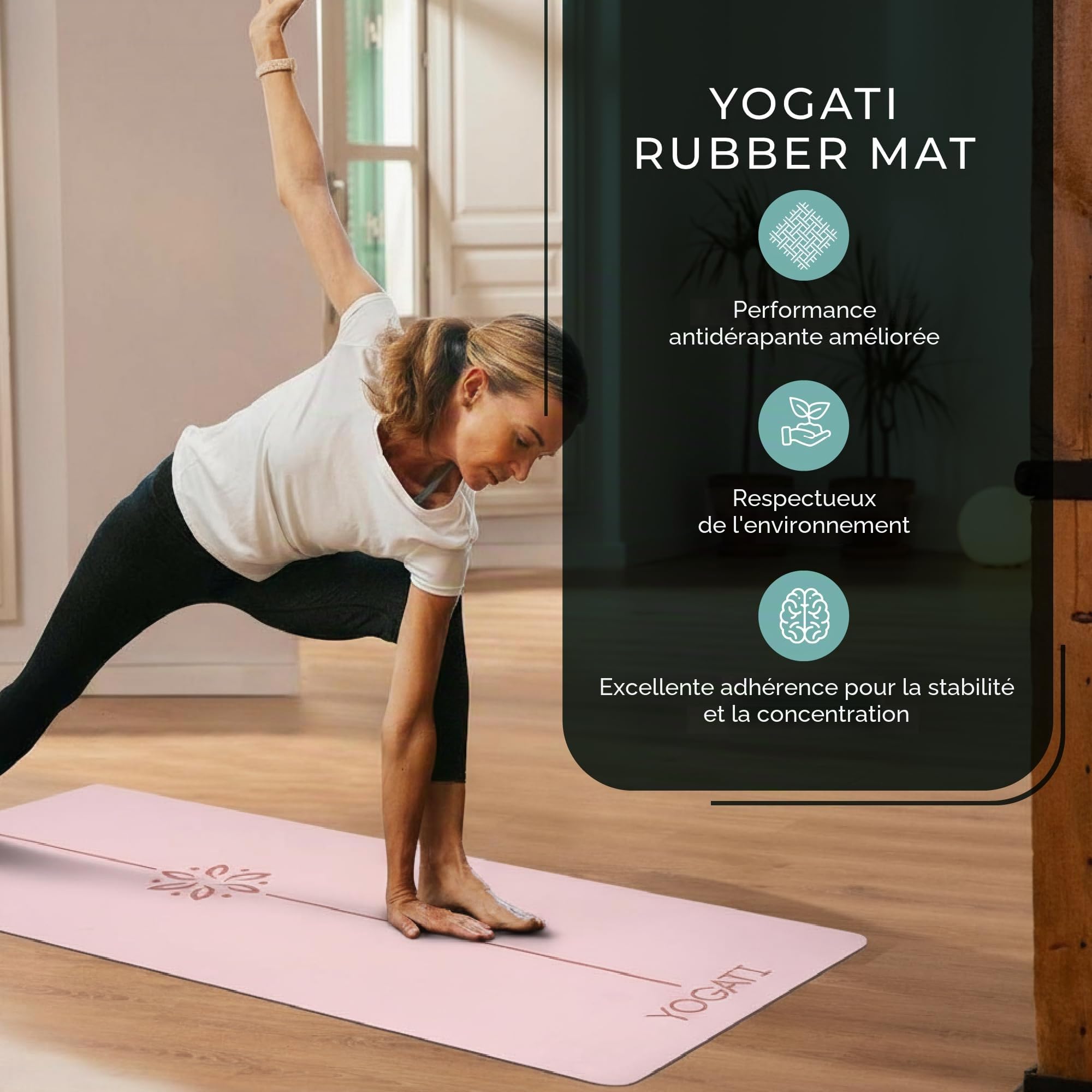 YOGATI® Tapis De Yoga Antidérapant en Caoutchouc Naturel | Tapis de Pilates portable avec une sangle de transport | Tapis de sport Fitness a la maison | Tapis Gym pour entrainement et exercise au sol