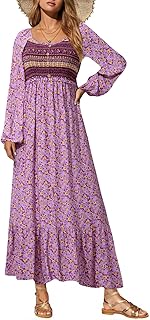 Fall Dresses for Women 2025 Boho Floral Smocked Empire Waist Square Neck Long Sleeve Button Beach Maxi Dress Sundress