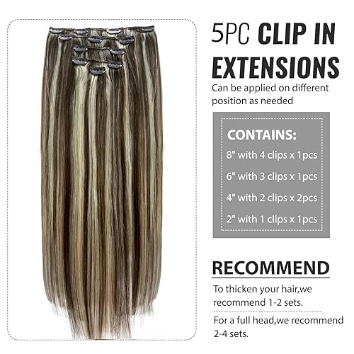 Miniatura 8 de Belaved Extensiones de cabello con pinzas, color marrón ceniza y rubio platino, cabello humano real, 7 unidades, 2.47 onzas, 14 pulgadas con clip
