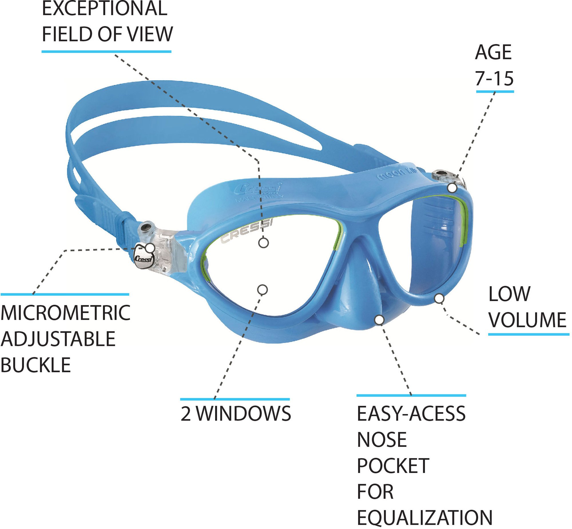 Cressi Schnorchelset Maske Kinder Moon Kid & Baloo Goggles - Schwimmbrille Für Kinder von 7/15 Jahren, Hellblau/Limette Weiß, Einheitsgröße