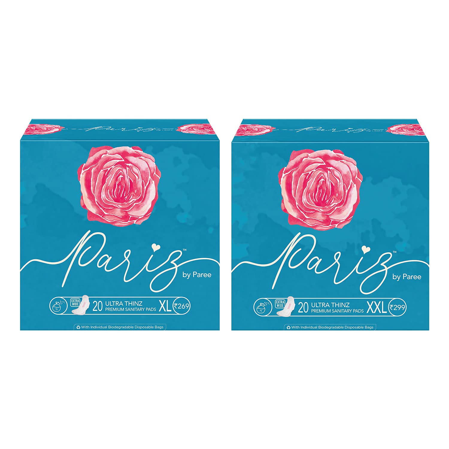 Pariz By Paree Premium Ultra Thinz Cottony Super Soft Extra Wide Sanitary Pads for Women, XL & XXL| Rash Free Comfort And Absorbs Quickly | Biodegradable Disposable Bags, 40 Pads