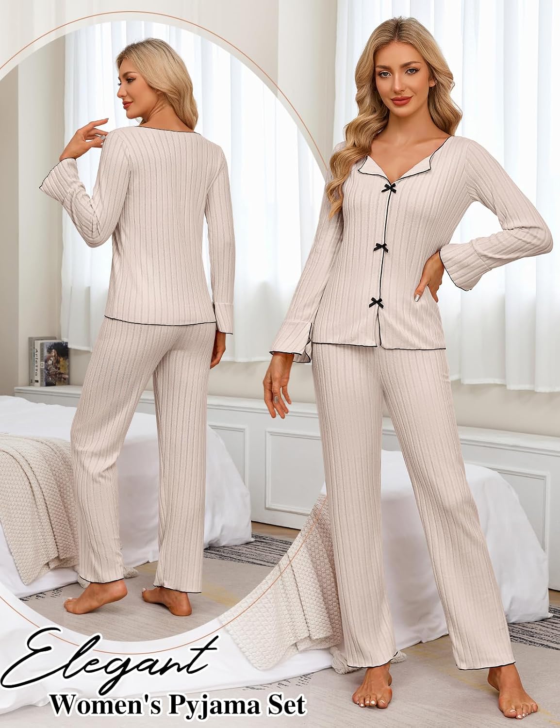 Women's Pajama Sets Soft Cozy Pjs, Slim Fit V Neck Long Sleeve Sleepwear 2 piece Lounge Set Spring Fall Outfits image 2