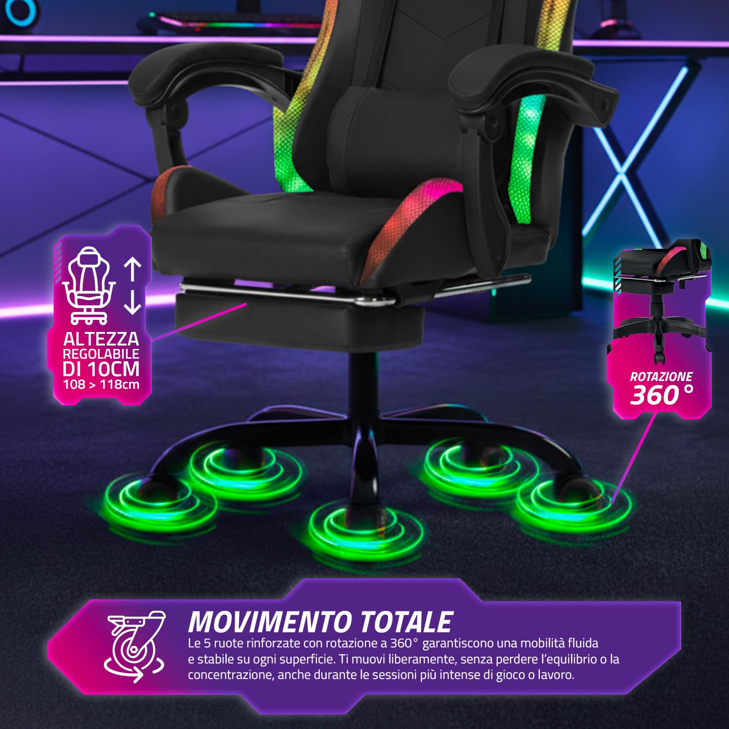 Wintem – – Sedia Gaming con Poggiapiedi Estraibile, Doppio Cuscino e Luci LED RGB USB per Comfort Totale e Design Futuristico Ideale per Gioco, Studio e Ufficio